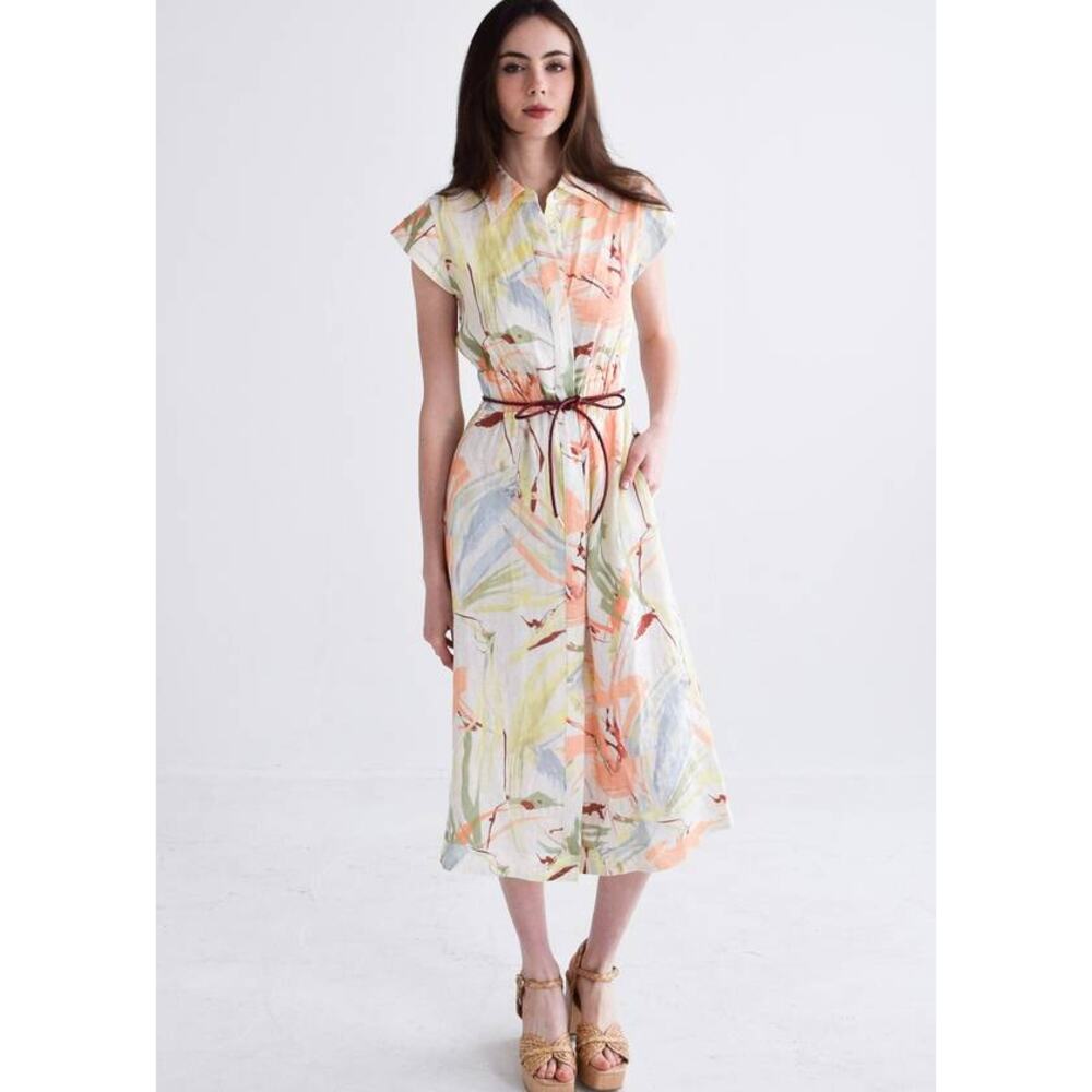 Never A Wallflower Epaulet Shirt Dress in Peach Watercolor XS